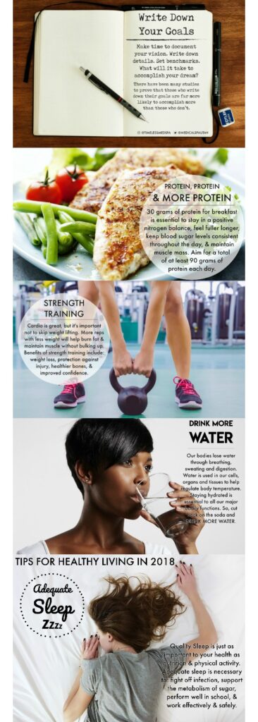 Tips for healthy living like taking more proteins, water, and exercise