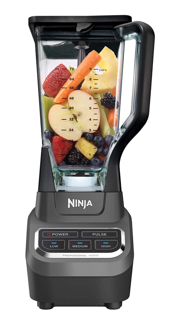 Fruits, berries, and veggies in a Ninja professional 1000W blender