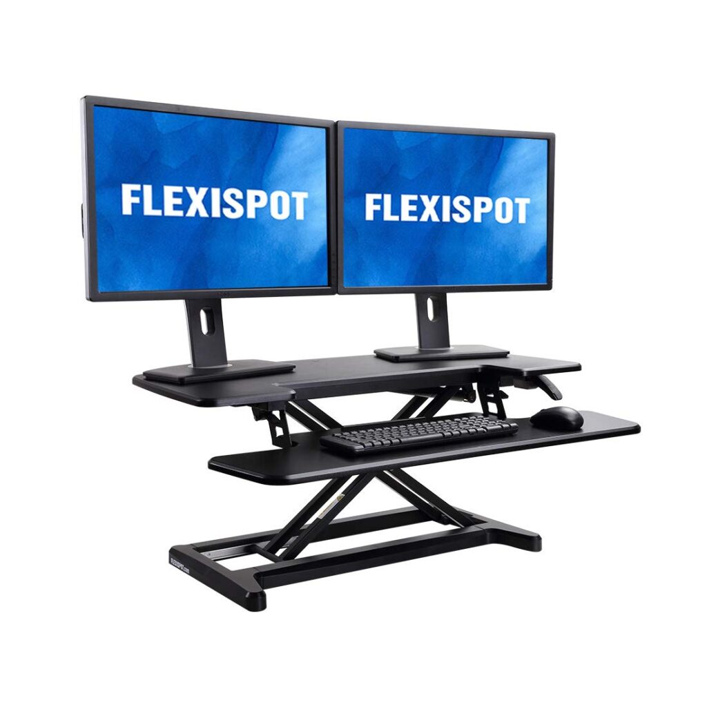 Standing desktop computer stand with the text "Flexispot"