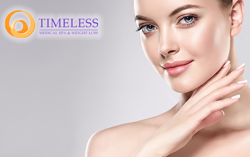 An attractive woman with clear skin and the TimeLess Medical Spa logo